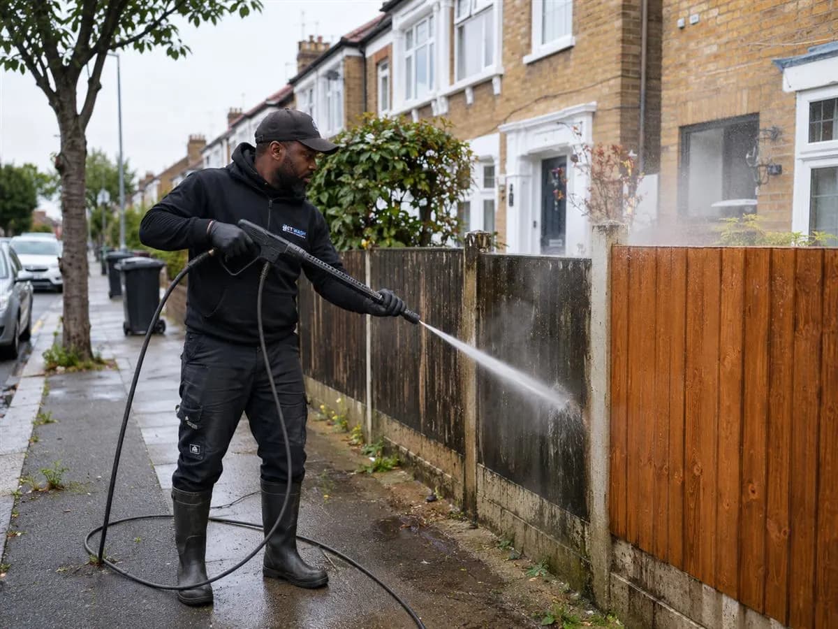 Technician pressure washing a garden fence on a residential street, dirty panels on one side and restored timber on the other